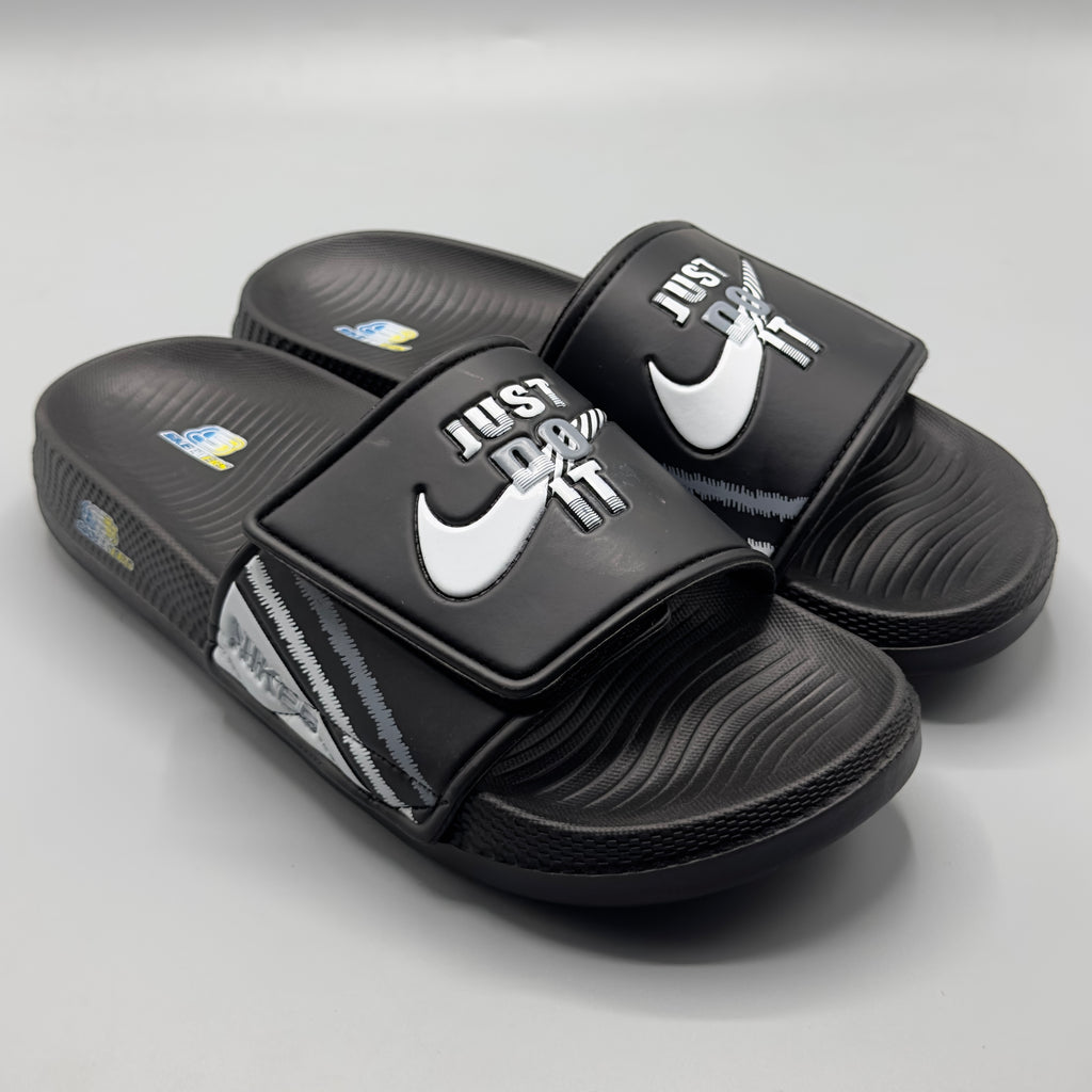 Black , Black men sports slippers with durable anti-slip outsole for indoor and outdoor wear.