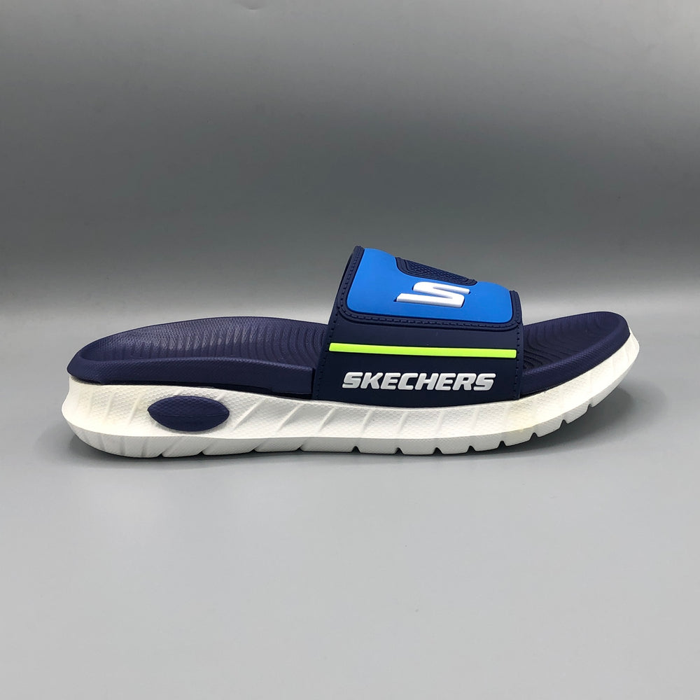 Navy , Men’s navy and blue cushioned slide sandals with textured footbed, top view