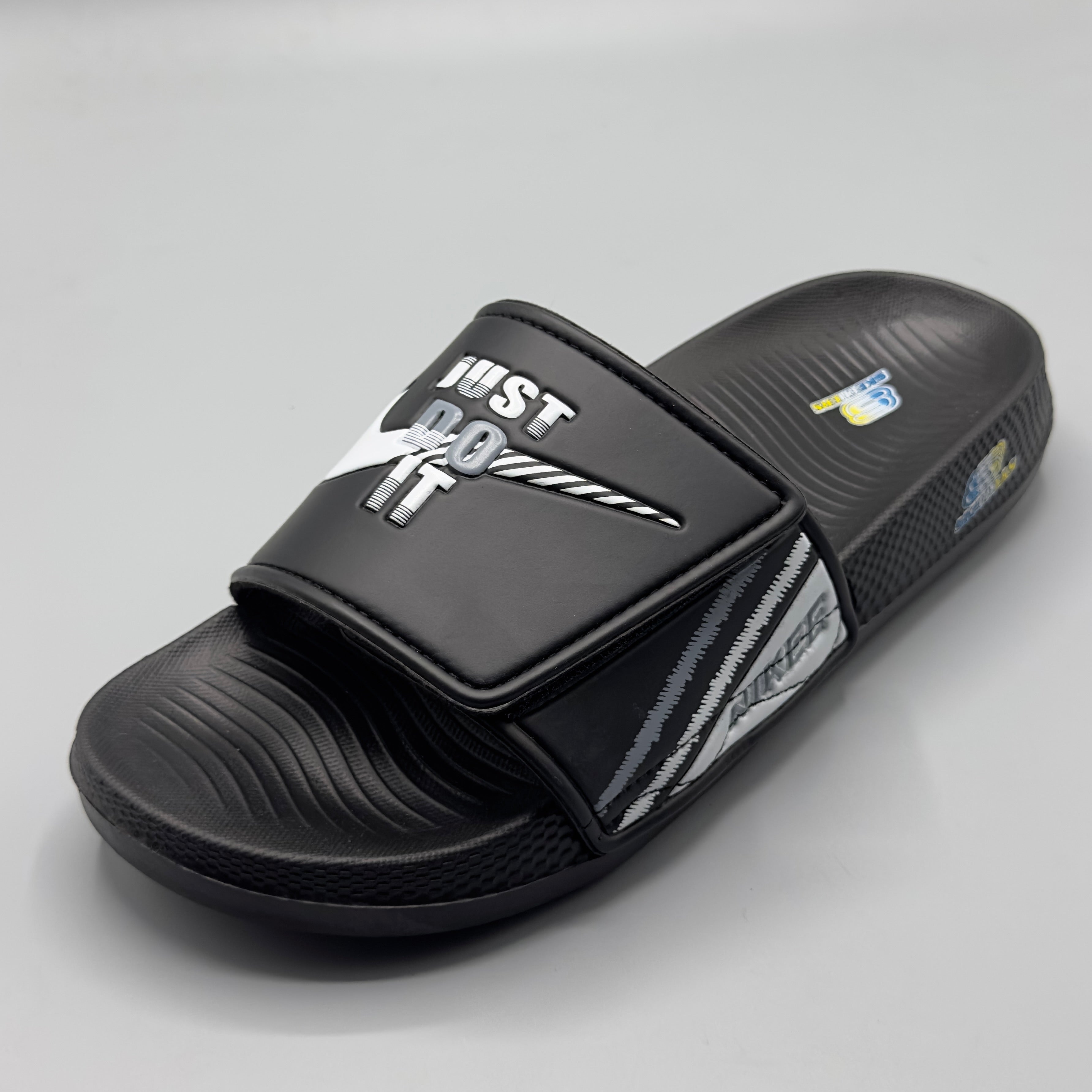 Black , Black sports slides for men with anti-slip cushioned sole for everyday comfort.