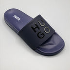Navy , Close up of premium 3D embossed HUGO logo on navy blue leather strap slipper