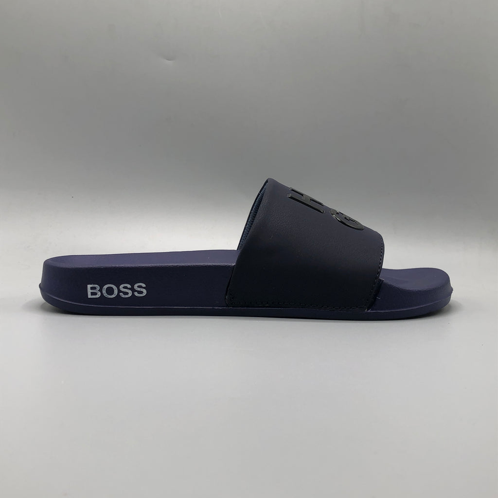 Navy , HUGO premium navy blue slides for men showing soft sole design in Pakistan