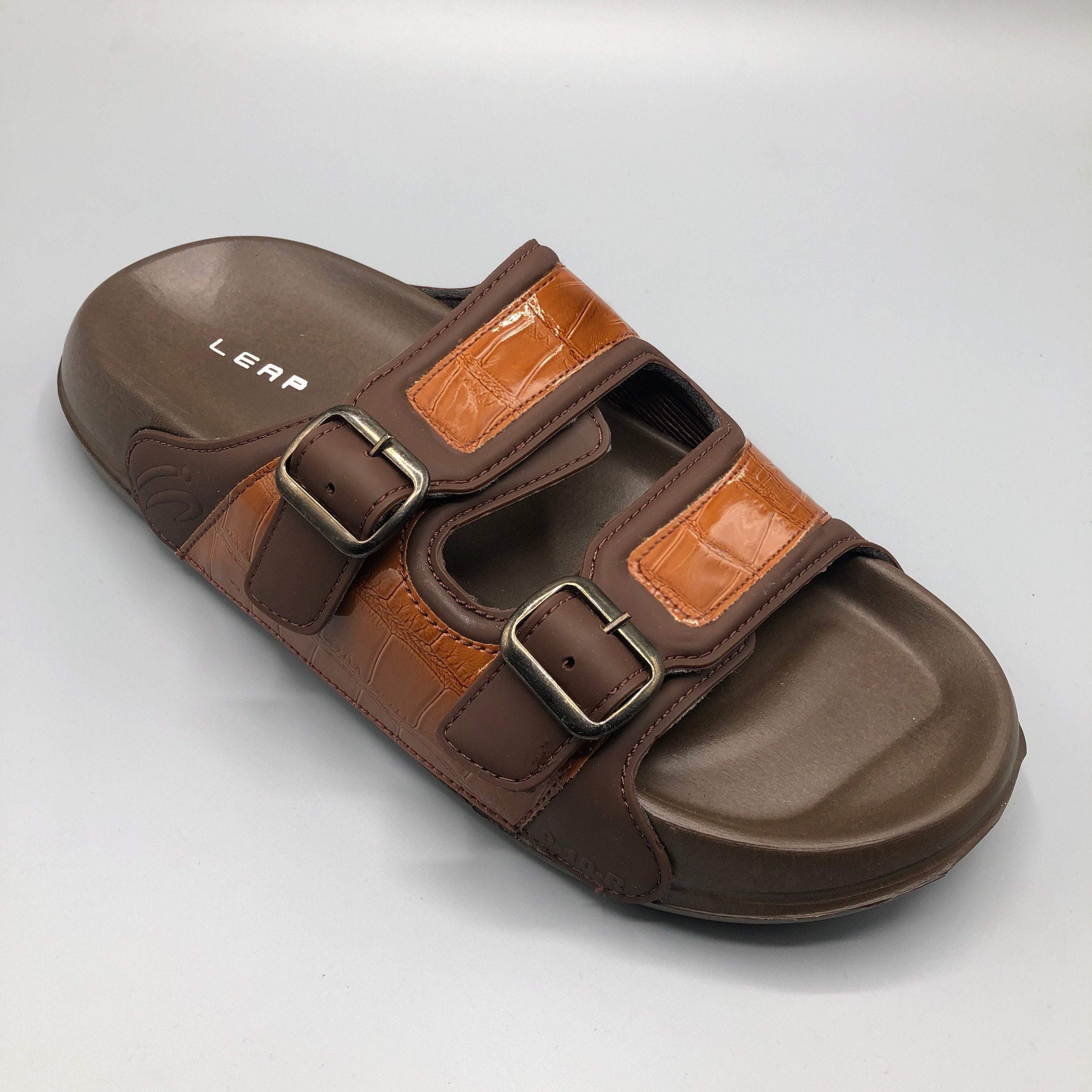 Brown , Double buckle slippers for men by LEAP