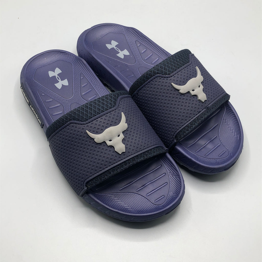 PowerFlex Comfort Slides front view with cushioned footbed and sporty design, Navy
