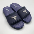PowerFlex Comfort Slides front view with cushioned footbed and sporty design, Navy