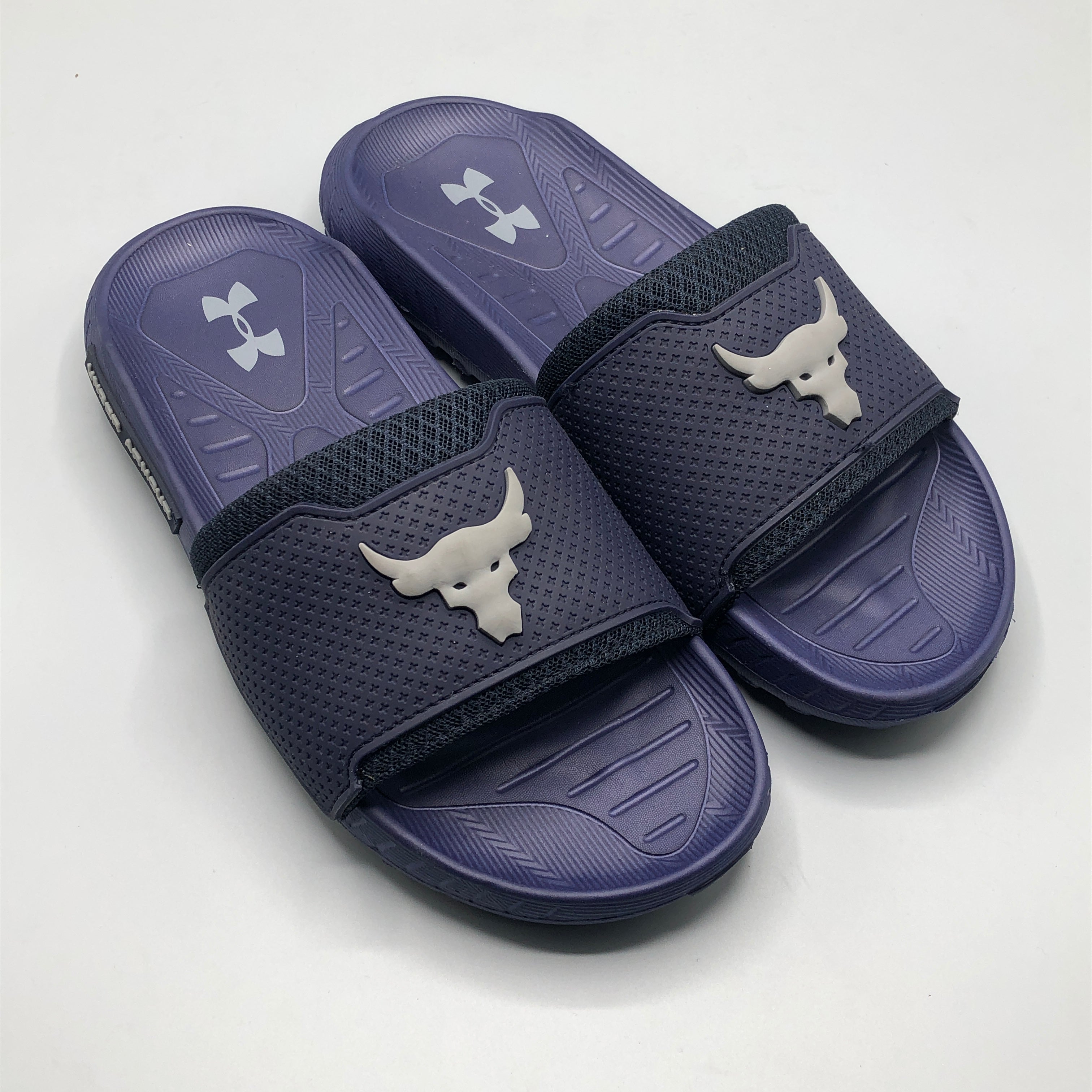 PowerFlex Comfort Slides front view with cushioned footbed and sporty design, Navy