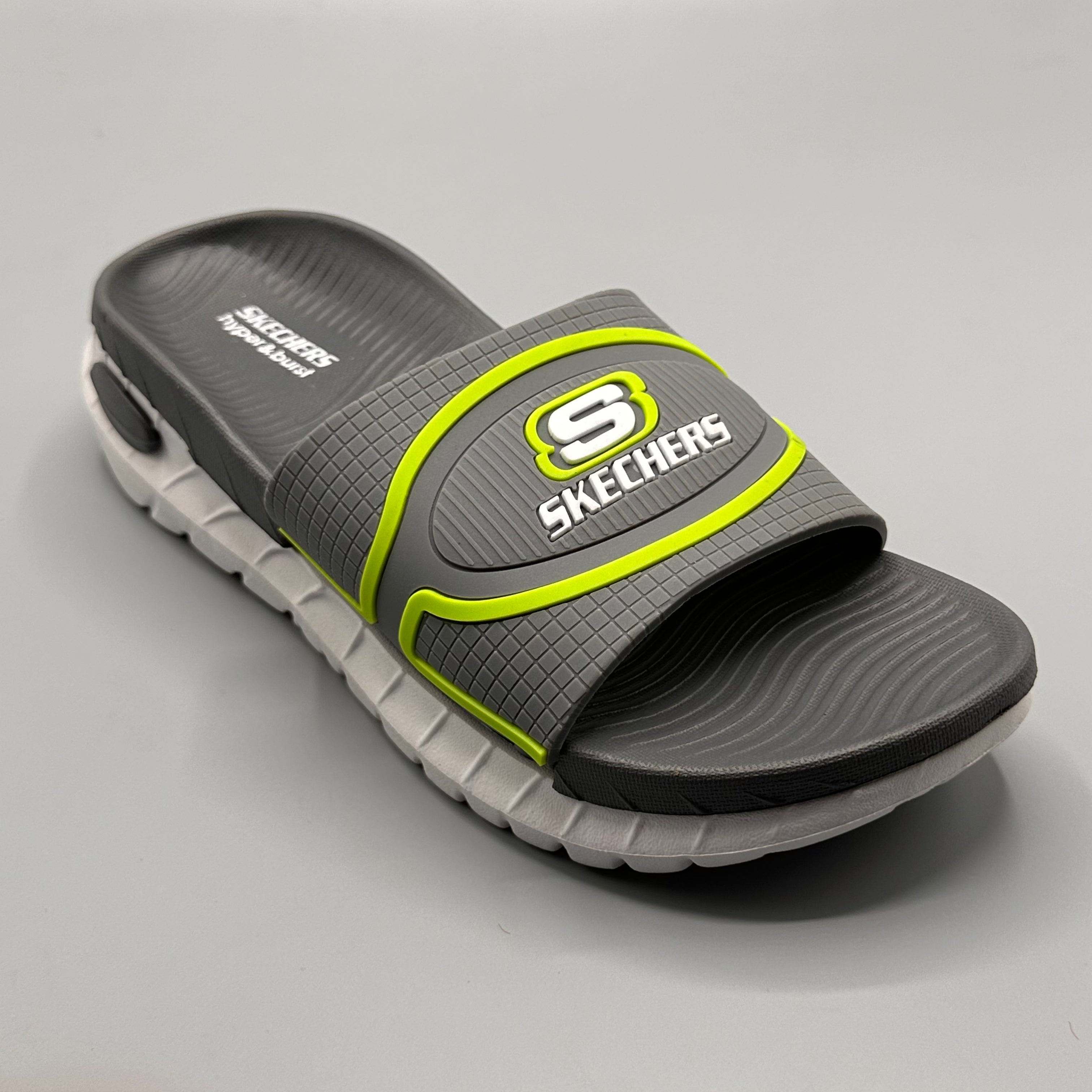 Gray , Skechers Hyper Burst slide side profile showing white EVA sole and lime branding