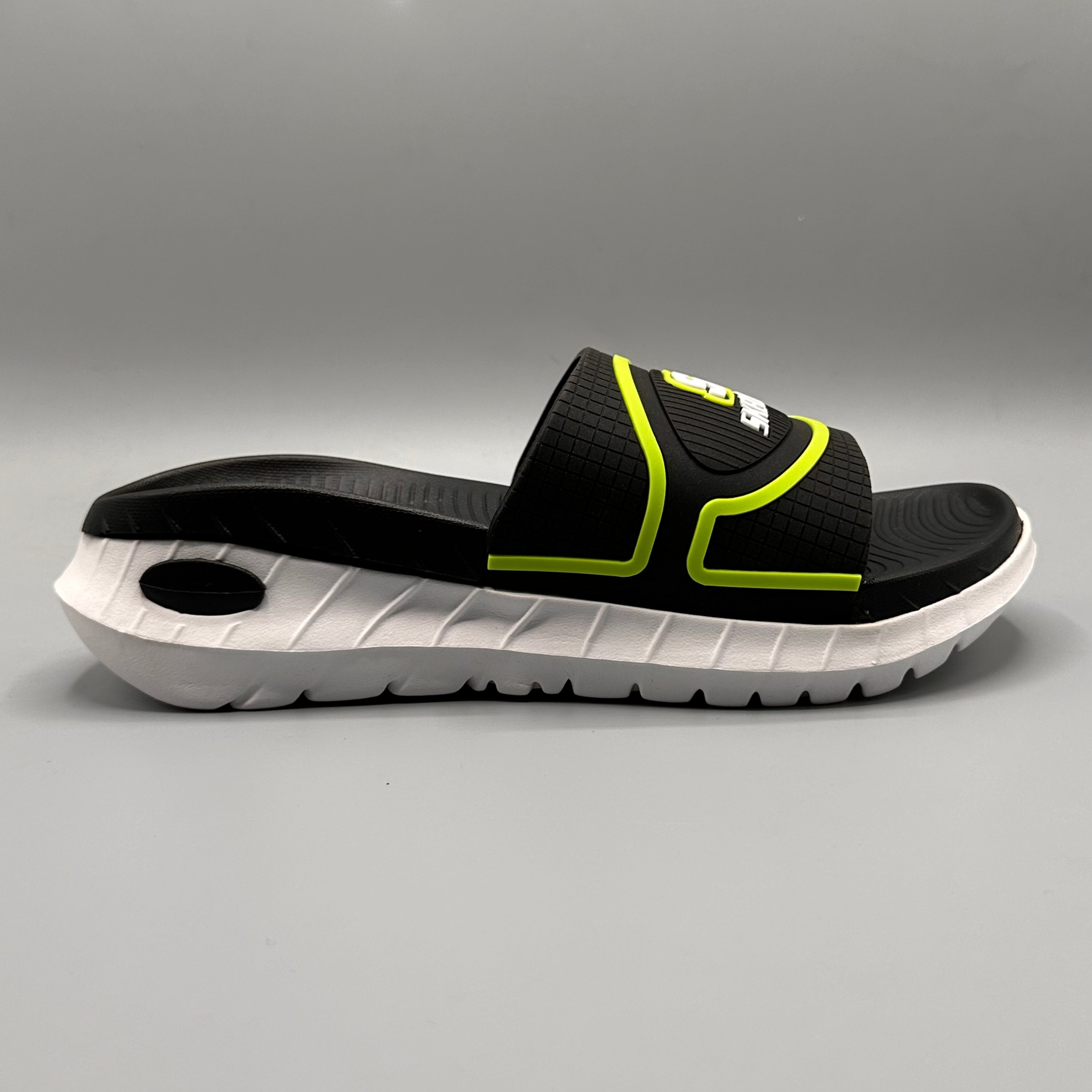 Black , Anti-slip outsole of Skechers Hyper Burst men's slides – textured rubber grip